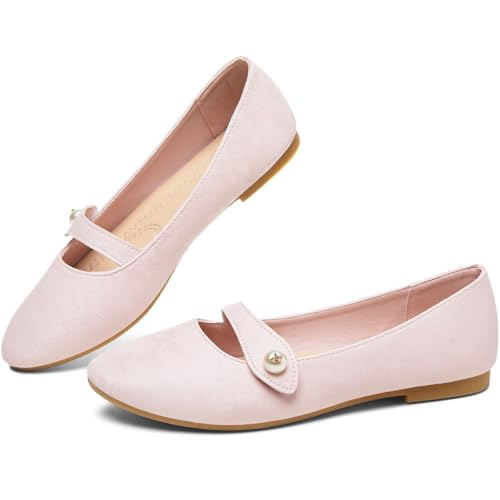 FINIWOR Women's Mary Jane Flats – Floral Print with Pearl Buckle, PU Leather Slip-On Ballet Flats