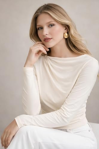 Image of SIGHTBOMB SOFTLINE Boat Neck Low Neck Drape Look Gathered Waterfall Afford LUX Edition Formal WEAR Long Sleeve Feather Touch TOP for Women