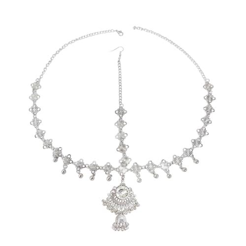 Elegant Headband for Women Rhinestone Cubic Zirconia Boho Headpiece Forehead Jhumka Tassel Bell Head Chain Accessories Festival Prom Wedding Bridal Indian Ethnic Jewelry (Clear Silver)