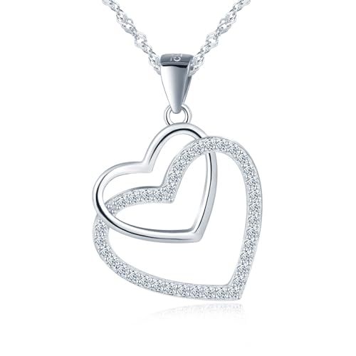 MICGIGI Collier pour femme en argent sterling 925 avec pendentif en forme de double cœur en zircone cubique, argentée