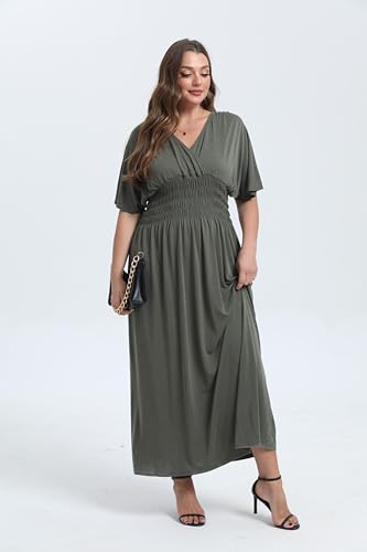 Image of OSTOO Women's Plus Size Hawaii Empire Waist Bat Short Sleeve Casual Floral Print Boho Maxi Dress