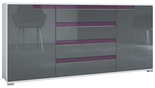 Vladon Buffet Dressoir Sylt V2, Corps en Blanc Mat/Façades en Gris Haute Brillance avec Un Decor en mûre Haute Brillance (166 x 72 x 35)