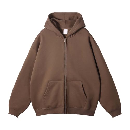 2024 Autumn Winter Menswear Plus Fleece Thickened Solid Color Zipper Cardigan Loose Fashion Hoodie 1 Brown XXL2