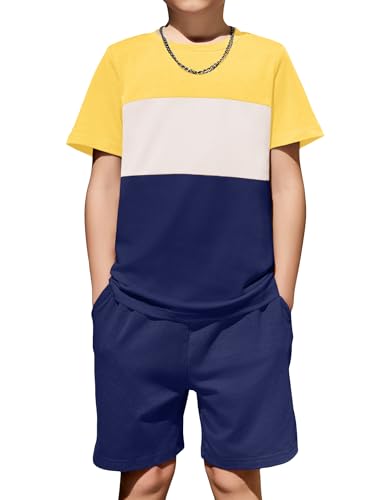 Image of Arshiner Boys' 2-Piece Cotton Outfit Color Block T-Shirt and Shorts Set Summer Camo Clothes for Kids 5-14 Years