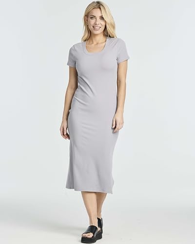 Image of Real Essentials 3 Pack: Women's Ribbed Jersey Crew Neck Short Sleeve Midi Length Dress with Side Slit