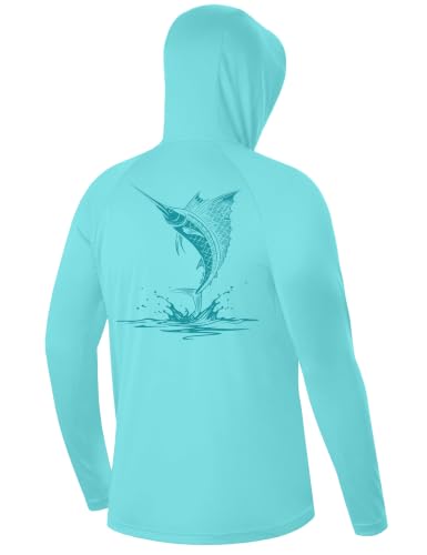 Image of FISHEAL Men's UPF 50+ Sun Protection Fishing Hoodie, Long Sleeve UV Shirts with Mask, Quick Dry Hooded for Outdoor Beach