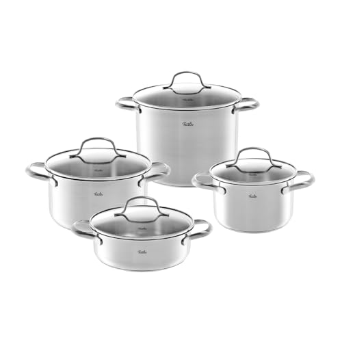 Fissler San Francisco Juego de Ollas de Acero Inoxidable, 4 Piezas, Ollas con Tapaderas de Vidrio, Inducción (3 Ollas y 1 Rustidera)