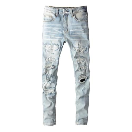 Hcclijo Jeans Patchwork Strappati con Fori di Cristallo da Uomo Streetwear Pantaloni Skinny Slim in Denim Azzurro Blue 33