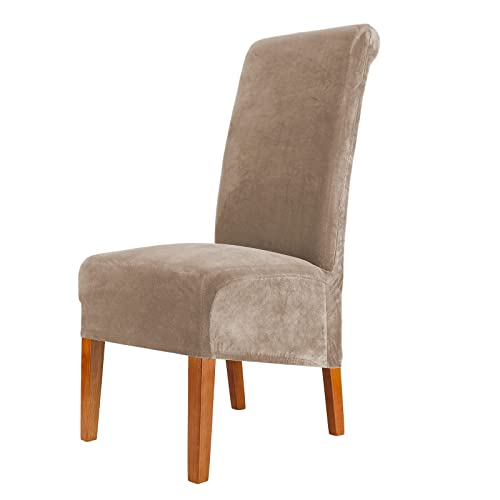 CMAKER Velvet Dining Chair Covers, Stretch Large Chair Slipcover, Spandex High Back Chairs Cover Elastic Washable Removable XL Chair Protector,Set of ６,Camel