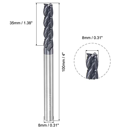 Image of uxcell Square Nose End Mill, 8mm Tip Dia Solid Carbide AlTiN Coated CNC Router Bits 4 Flute Spiral Milling Cutter HRC45 with 8mm Shank 100mm (4-inch) Length