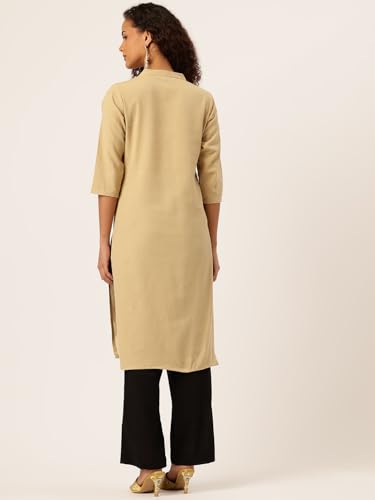 Image of feranoid Women's Plain Cotton Kurta with Mandarin Collar, 3 /4 Sleeves & Pocket