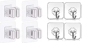 kesi 4 Pack Broom Mop Holder & 4 Pack Hook - Gripper Holds Self Adhesive Broom Stick Holder & Broom Hanger Super Anti-Slip Utility Hooks for Home Garden Garage and Storage