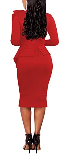 Image of Women's Fashion Peplum Bodycon Dresses Short Sleeve Bow Club Ruffle Pencil Party Dress