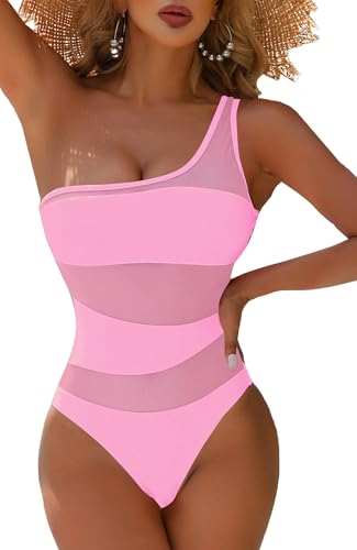 SEAUR Women's Cutout One Piece Swimsuit Mesh One Shoulder Swimwear Tummy Control Bathing Suit Monokini