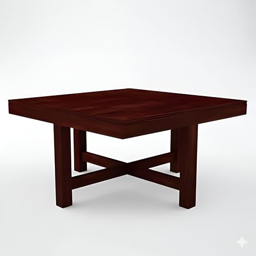 Image of Loonart Solid Sheesham Wood Coffee Table With Four Cushioned Stools | Idel For Living Room | Cafe | Restaurant | Space Saving Indoor Table Set | Finish Color - Mahogany Finish | White & Blue Cushion |
