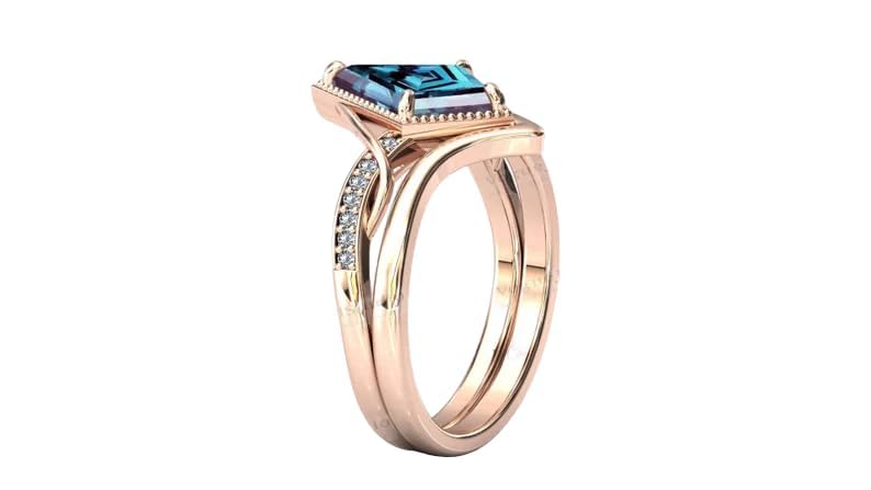 Kite Shaped Alexandrite Engagement Ring Set 14k Gold Alexandrite Art Deco Wedding Ring Set Vintage Alexandrite Bridal Anniversary Ring Set (QS-AL-72)4
