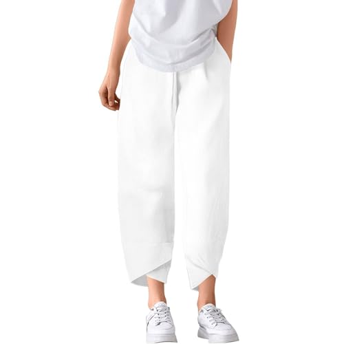 Linen Capri Pants for Women Lightweight High Waisted Wide Leg Lounge Pants Loose Fit Tulip Hem Trousers with Pockets3