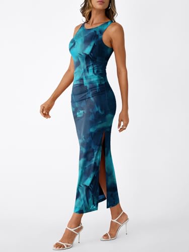 Image of Trendy Queen Bodycon Maxi Dress Womens Sleeveless Floral Print Fitted Party Club Ruched Dresses with Side Slit