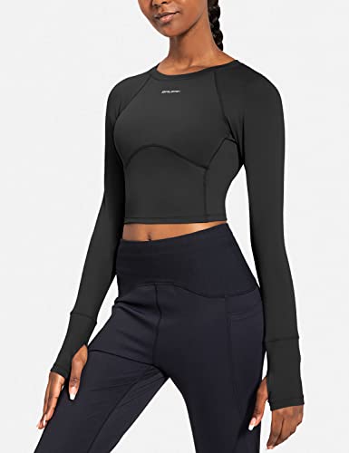 Baleaf Women's Long Sleeve Crop Top Slim Fit Workout Shirts For Running Gym Yoga Black M #TOP1