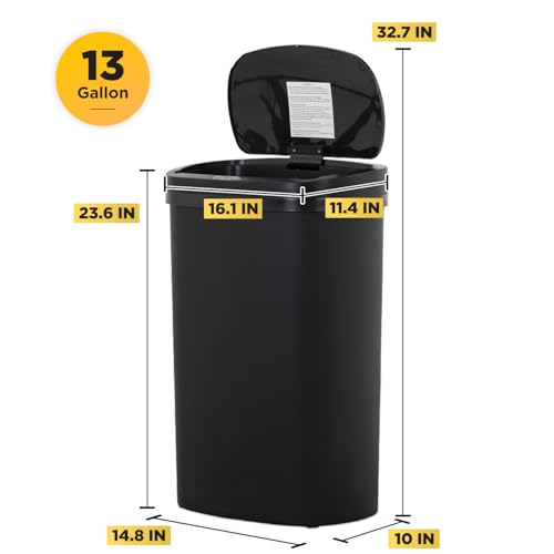 Image of BestOffice | 13 Gallon Plastic Trash Can with Lid | Dark Black | Automatic Touchless Garbage Can | Odor Control | Modern Oval Design | Easy to Clean | For Kitchen, Bathroom, Office or Home