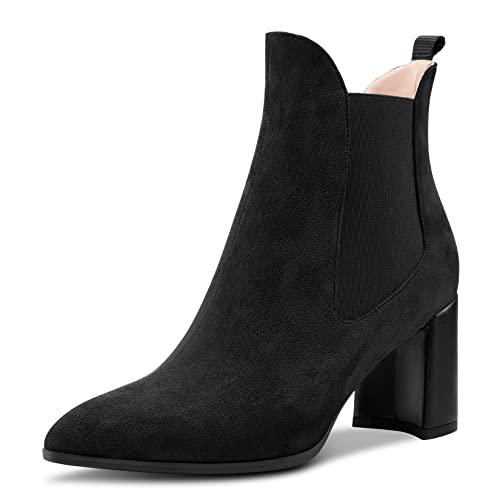 Aachcol Femmes Chelsea Bottines Fermé Pointu Bout Slip-on Bloc Chunky Haut High Talon Heel Suède Noir 7.5 CM 44 EU Cover