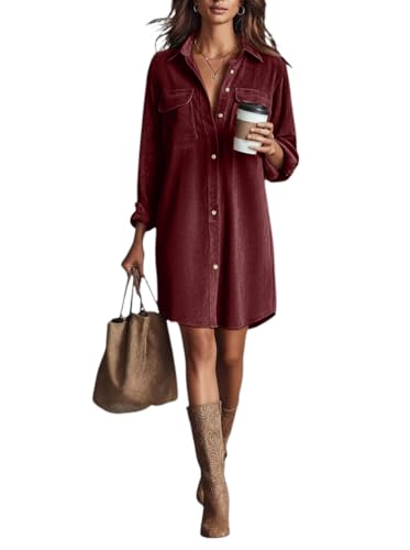 Minetom Blusenkleid Damen Cordkleid Herbstkleid Winterkleid Elegant Langarm Corduroy Hemdkleid Tunika Kleid mit Knöpfe Taschen A Rot L