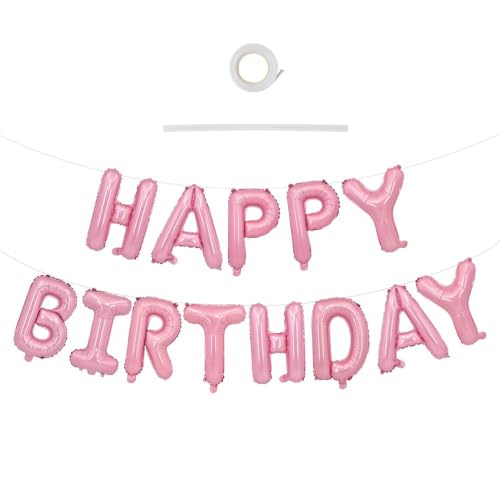 TONIFUL Light Pink Happy Birthday Balloons Banner 16 Inch Mylar Foil Letters Birthday Sign Bunting Reusable for Girls Boys Kids & Adults Birthday Decorations and Party Supplies