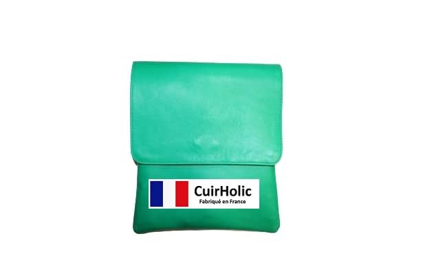 Pochette bandoulière rabat en cuir d'agneau vert taille L fabriqué en France