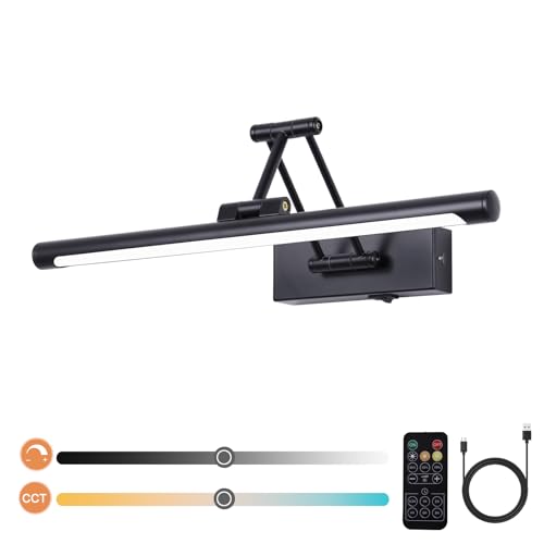 Battery Operated Picture Light with Remote 16” Black Art Light for Painting Dimmable & Timer Wireless Gallery Lights 3CCT Frame lighting Rechargeable Wall Lights for Artwork Potrait Dartboard