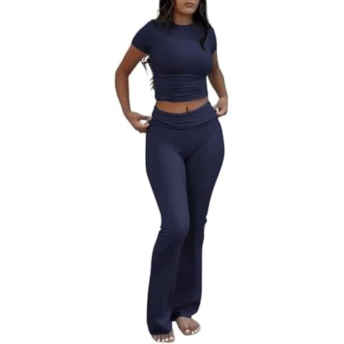 Two Piece Lounge Sets for Women Fold Over Flare Pants Short Sleeve Crop Top Y2k Outfits Matching Set Tracksuit Navy Blue Small