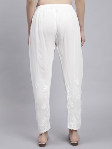 Image of Seva Chikan Hand Embroidered Lucknowi Chikankari White Viscose Georgette Trouser Palazzo for Women SCL11027