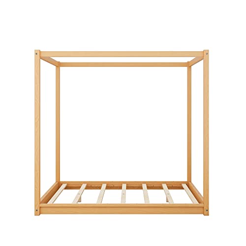 Merax Modern Queen Size Wood Canopy Bed Floor Platform Bed Frame/No Box Spring Needed/Easy Assembly, Nutural #TOP6