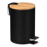 TIENDA EURASIA - Papelera de Metal con Tapa de Bambu, 3L, 17x22,5x23,5 cm, Cubo de Basura Pequeño Extraíble, con Pedal, Asa para Transportar, para Baño, Cocina o Escritorio, Negro