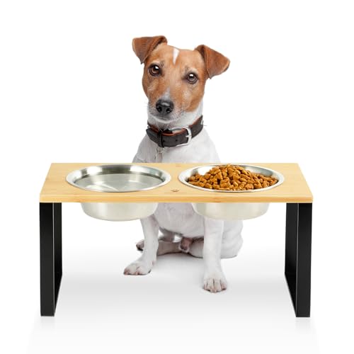 GUUSII HOME Comedero Perro Elevado Soporte Cuenco y Bebedero Alto para Perros Elevador Comederos de Bambú con 2 Cuencos de Acero Inoxidable 900ml Fácil de Montar 42.5 * 20 * 20.5cm