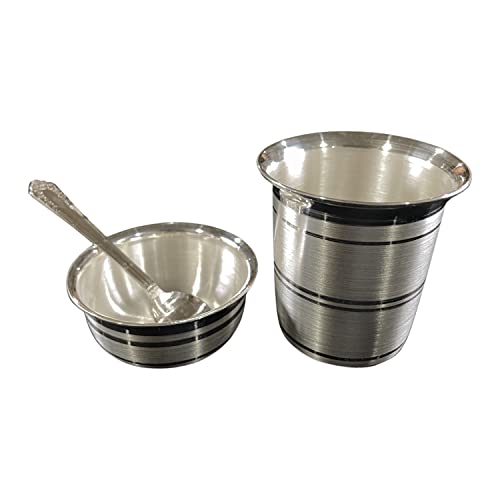 Balaji 999 Pure Silver Hallmarked Anna Prasanam Small Glass Bowl & Spoon - 2.5-Inch Set#03