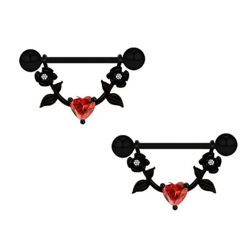 Niaspi 14G D-shaped Flower Nipple Rings for Women Pink Red Black Floral Heart Nipplerings Nipple Barbell Nipple Piercing Jewelry (Black)