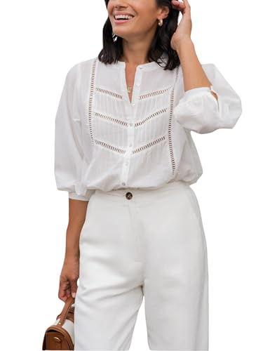 EsheSy Women's Button Down Shirts Lace Blouses Bracelet Sleeves Round Neck Loose Pleated Cotton Tops