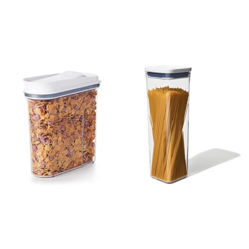 OXO Good Grips POP Medium Cereal Dispenser - 3.2 Litre, Grey,clear & Good Grips POP Container - Small Square Tall 2.1 Litre, White