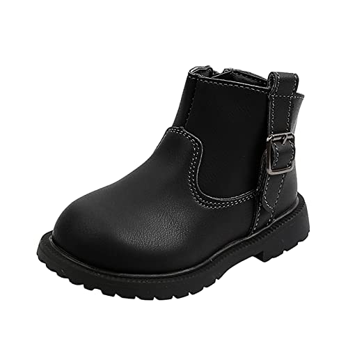 Simple Autumn and Winter Girls Boots Round Toe Flat Sole Thick Bottom Non Slip Buckle Warm Solid Color
