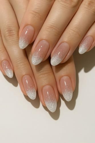 Set Of 14Pc, Press-on, Natural Pink With Silver Glitter Ombre, Short Almond Shaped, Nail Extensions With Free Glue Kit