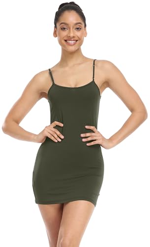 Image of Qaffier Full Slips Dress for Women Adjustable Spaghetti Strap V Neck Under Dress Camisole Mini Slip Dress