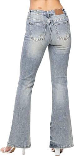 Judy Blue Women's Mid-Rise Tinted Pin Tack Detail Flare Jeans (Medium Blue, 22 Plus)4
