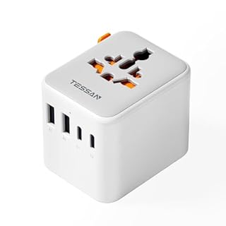 TESSAN Universal Travel Adapter, Travel Plug Adapter Worldwide with 1 Universal AC Outlet 4 USB Ports (2 USB C), International Plug Adaptor for UK to Europe USA Australia (Type C G A I) Grey White