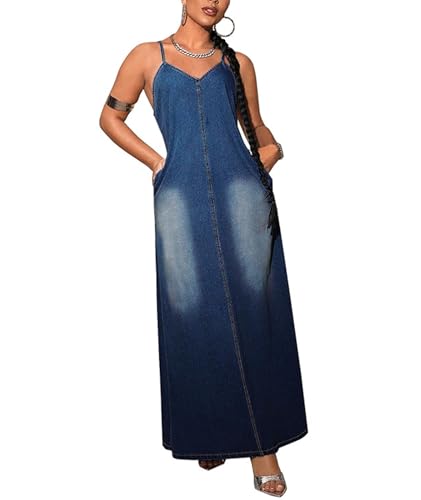 Image of Sexyshine Women's Sleeveless Adjustable Strap Maxi Denim Dress V Neck Washed Blue Plus Size Cami Long Jean Dress Pockets