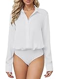 Sexyasasii Bodysuit Blouse for Women Long Sleeve Solid Office Work Business Casual Satin Blouse Tops Collared Bodysuits for Women