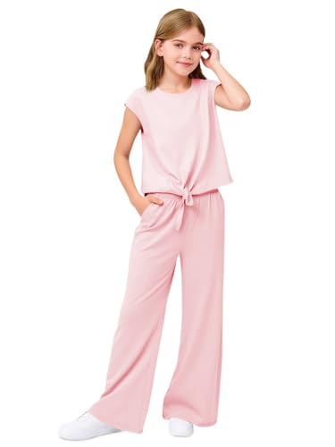 Listado de Ropa Niña al mejor precio. 50 Haloumoning - Conjunto de ropa de verano de 2 piezas para niñas con manga casquillo y parte delantera torcida, pantalones de pierna ancha, conjuntos de ropa de 5-14 años, Rosa,...