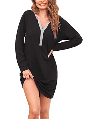 Ekouaer Women's Nightshirt Long Sleeve Button Down Nightgown V-Neck Sleepwear Casual Pajama Dress