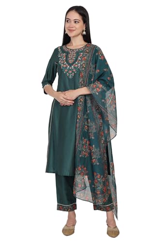 Image of W for Woman Embroidered Floral Zari Work A-Line Silk Blend Kurta with Straight Pant and Dupatta Set