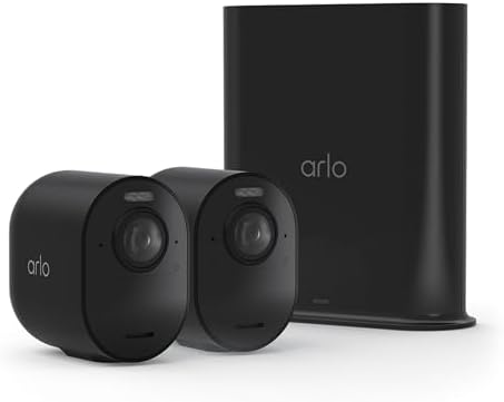 Arlo Ultra Security Camera 4K HDR (3rd Gen, 2025 Release) + SmartHub, Battery Power, Emergency Response, AI Event Captions, 1-Month Trial of Secure Plan, 180° Field of View, 2 Cam, Black