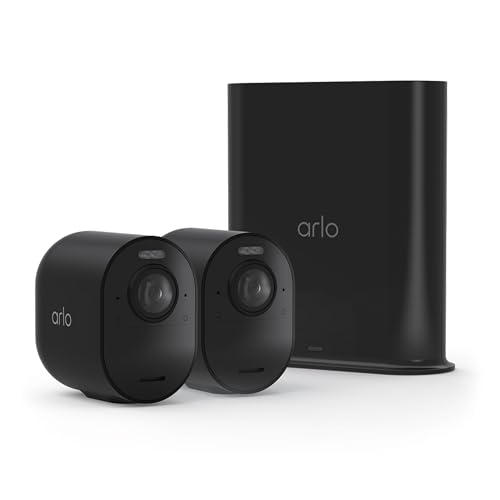 Image of Arlo Ultra Security Camera 4K HDR (3rd Gen, 2025 Release) + SmartHub, Battery Power, Emergency Response, AI Captions, 1-Month Trial of Secure Plan, 180 Field of View, 2 Cam, Black, Indoor /Outdoor